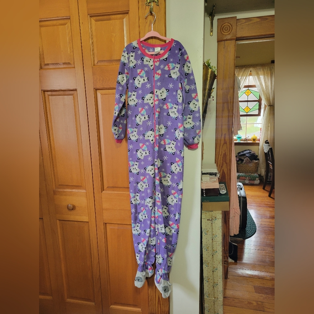 JV Apparel Girls Purple Raccoon Animal Print Onesie Footed Pajamas M 7/8